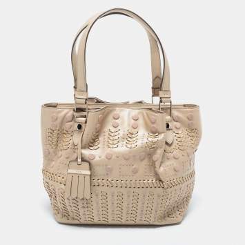 Pre Owned Tod's Metallic Beige Leather Small Studded Flower Tote