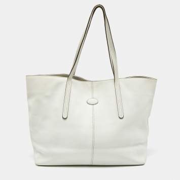 Pre Owned Tod's White Leather Logo Shopper Tote