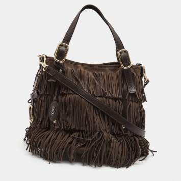 Pre Owned Tod's Brown Suede G-Line Fringe Media Tote
