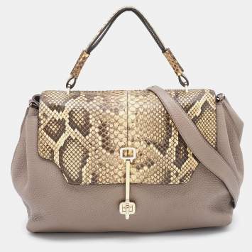 Pre Owned Tod's Grey/Beige Leather and Python Flap Top Handle Bag