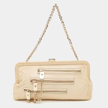 Pre Owned Tod's Cream Python Triple Zip Chain Clutch 