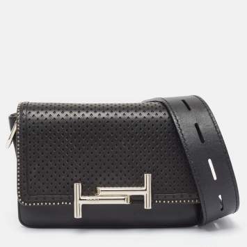 Pre Owned Tod's Black Perforated Leather Double T Crossbody Bag