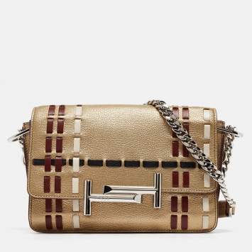 Pre Owned Tod's Gold Leather Mini Double T Shoulder Bag