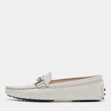 Pre Owned Tod's Silver Glitter Double T Buckle Loafers Size 38.5