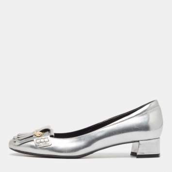 Pre Owned Tod's Silver Leather Fringe Detail Loafer Pumps Size 39