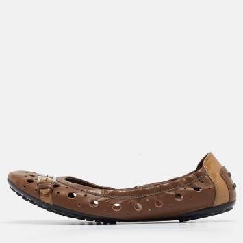 Pre Owned Tod's Brown Laser Cut Leather Scrunch Ballet Flats Size 37.5