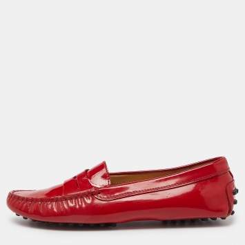 Pre Owned Tod's Red Patent Leather Penny Slip On Loafers Size 36.5