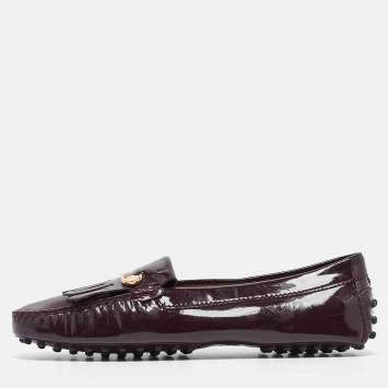 Pre Owned Tod's Plum Patent Leather Safety Pin Detail Fringe Loafers Size 37.5