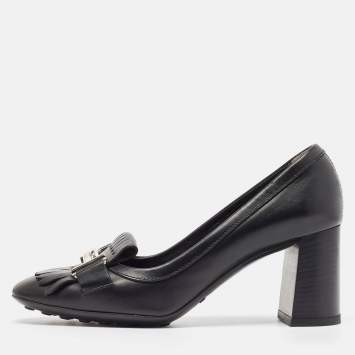 Pre Owned Tod's Black Leather Double T Buckle Fringed Loafer Pumps Size 36