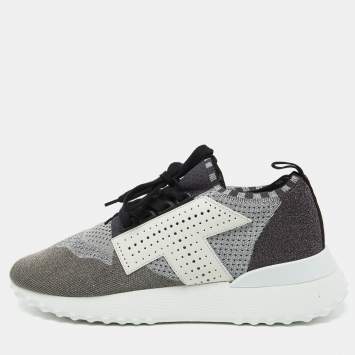 Pre Owned Tod's Multicolor Knit Fabric and Leather Lace Up Sneakers Size 40.5