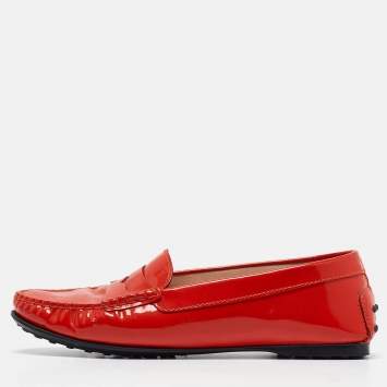 Pre Owned Tod's Red Patent Leather Gommino Loafers Size 38