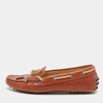 Pre Owned Tod's Brown Leather Gommino Bow Slip On Loafers Size 36