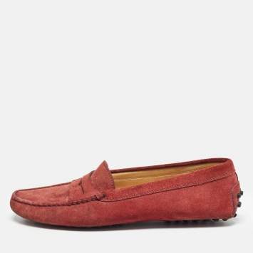 Pre Owned Tod's Red Suede Gommino Penny Slip On Loafers Size 36.5