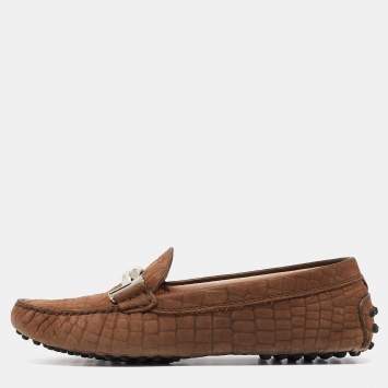 Pre Owned Tod's Brown Croc Embossed Leather Gommino Double T Slip On Loafers Size 36.5