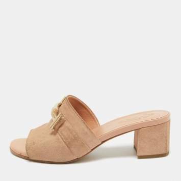 Pre Owned Tod's Pink Suede Double T Buckle Slide Sandals Size 36