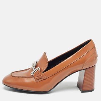Pre Owned Tod's Brown Leather Block Heel Loafer Pumps Size 37