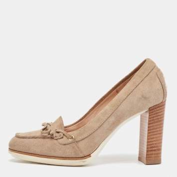 Pre Owned Tod's Beige Suede Bow Block Heel Loafer Pumps 36.5