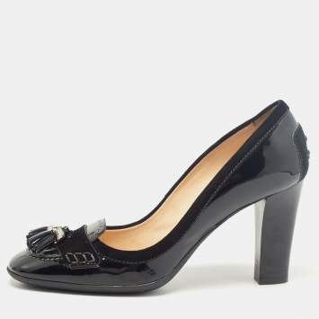 Pre Owned Tod's Black Patent Leather Tassel Detail Loafer Pumps Size 39