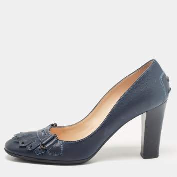 Pre Owned Tod's Navy Blue Leather Fringe Detail Pumps Size 38.5