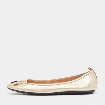 Pre Owned Tod's Metallic Gold Leather Ballet Flats Size 37