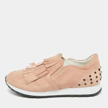 Pre Owned Tod's Peach Suede Fringe Slip On Sneakers Size 37.5