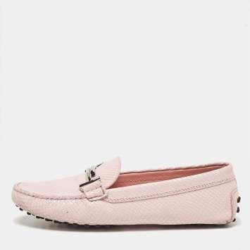 مملوكة مسبقًا Tod's Pink Lizard Embossed Leather Double T Loafers Size 39.5