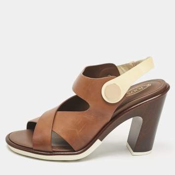Pre Owned Tod's Brown/White Leather Block Heel Slingback Sandals Size 40