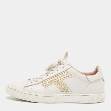 Pre Owned Tod's White Leather Studs Lace Up Sneakers Size 36