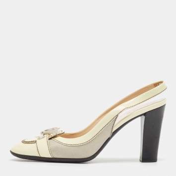 Pre Owned Tod's Cream Patent Leather and Fabric Bow Slingback Pumps Size 39