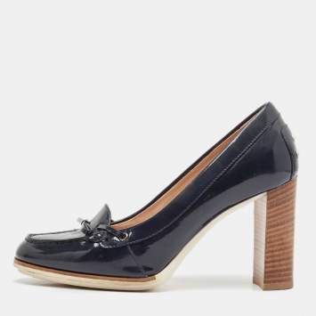 Pre Owned Tod's Navy Blue Patent Leather Block Heel Pumps Size 39.5