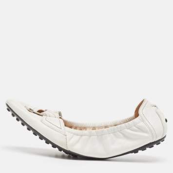 Pre Owned Tod's White Leather Scrunch Ballet Flats Size 39.5
