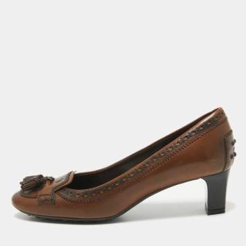Pre Owned Tod's Brown Leather Tassel Detail Loafer Pumps Size 37.5