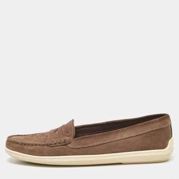 Pre Owned Tod's Khaki Brown Suede Penny Slip On Loafers Size 37.5