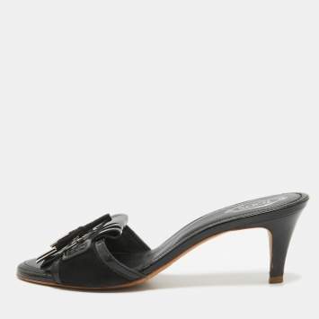 Pre Owned Tod's Black Patent Leather and Suede Fringe Slide Sandals Size 38.5