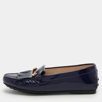 Pre Owned Tod's Blue Patent Leather Fringe Detail Loafers Size 35.5