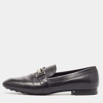 Pre Owned Tod's Black Leather T Logo Slip on Loafers Size 38.5