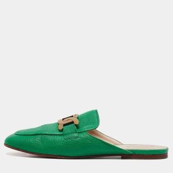 Pre Owned Tod's Green Leather Kate Flat Mules Size 40.5