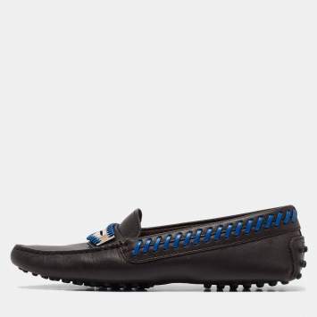 Pre Owned Tod's Dark Brown Leather Whip Stitch Trim Detail Penny Loafers Size 37