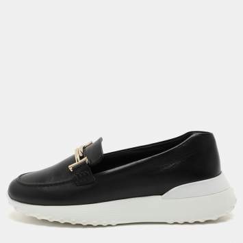 Pre Owned Tod's Black Leather Double T Slip On Loafers Size 38.5
