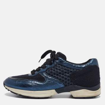 Pre Owned Tod's Blue/Black Leather and Mesh Lace Up Sneakers Size 38.5