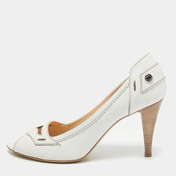 Pre Owned Tod's White Leather Open Toe Pumps Size 37.5