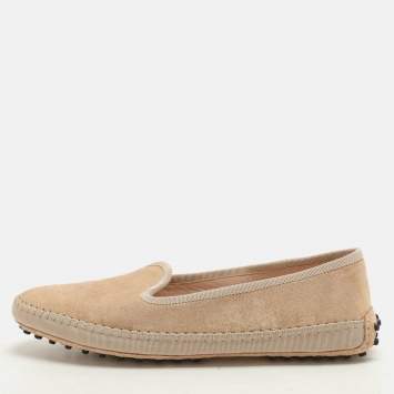 Pre Owned Tod's Beige Shimmering Suede Smoking Slippers Size 39