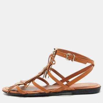 Pre Owned Tod's Tan Leather Fringe Logo Bow Flat Sandals Size 38.5