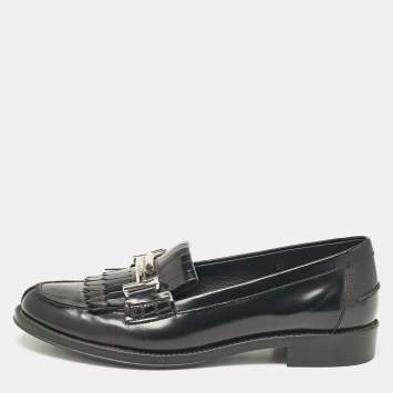 Pre Owned Tod's Black Leather Double T Fringed Loafers Size 37