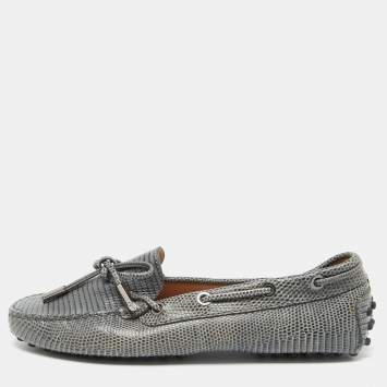 Pre Owned Tod's Grey Lizard Embossed Leather Bow Slip On Loafers Size 35
