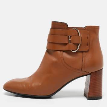 Pre Owned Tod's Brown Leather Buckle Detail Ankle Booties Size 39