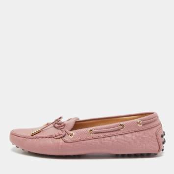 Pre Owned Tod's Light Pink Leather Bow Slip On Loafers Size 40
