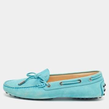 مملوكة مسبقًا Tod's Blue Nubuck Leather Bow Slip On Loafers Size 39