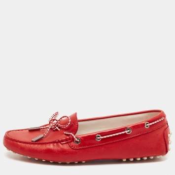Pre Owned Tod's Red Leather Gommino Slip On Loafers Size 38.5
