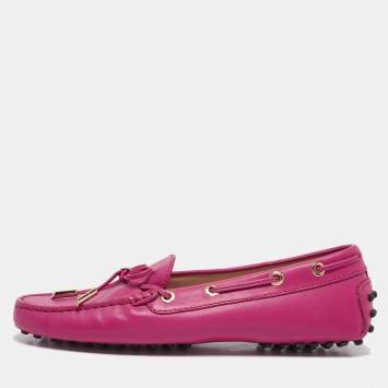 Pre Owned Tod's Pink Leather Bow Gommino Slip On Loafers Size 37.5
